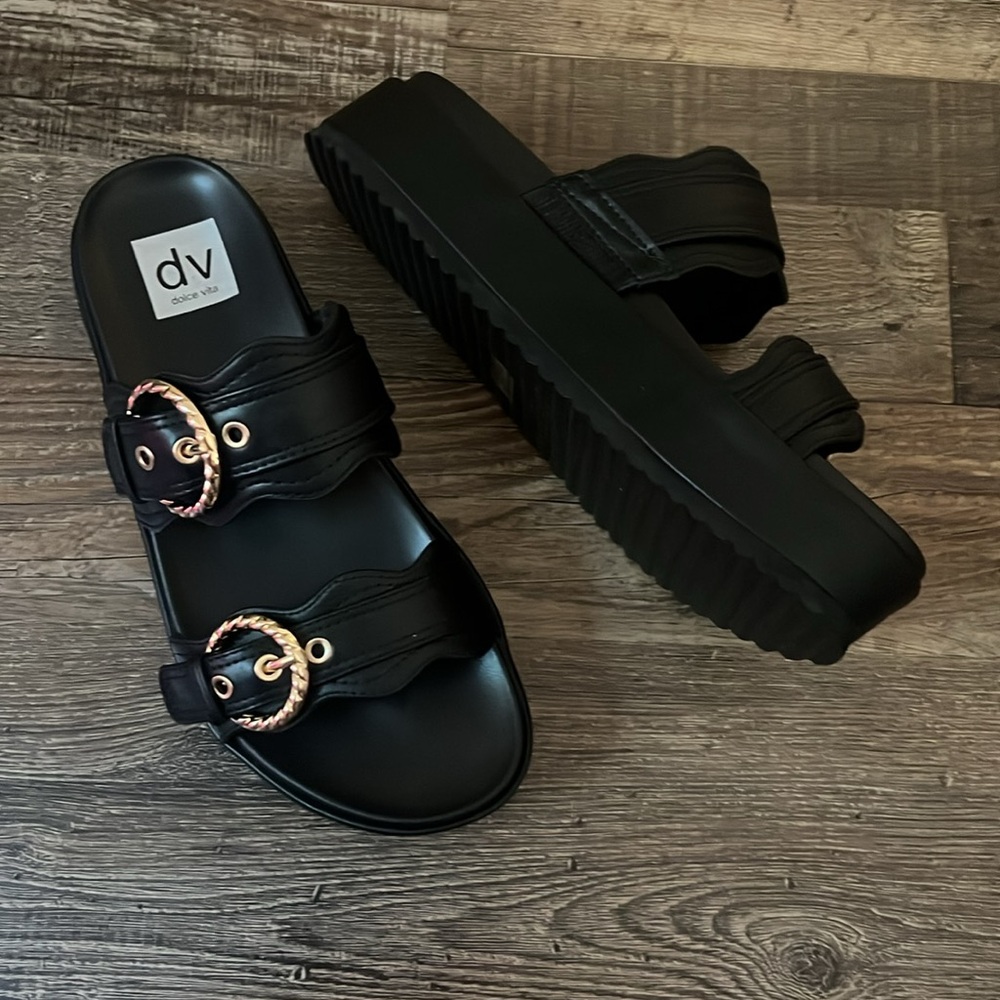 DV by Dolce Vita Black Platform Slide Sandals with Gold Buckles